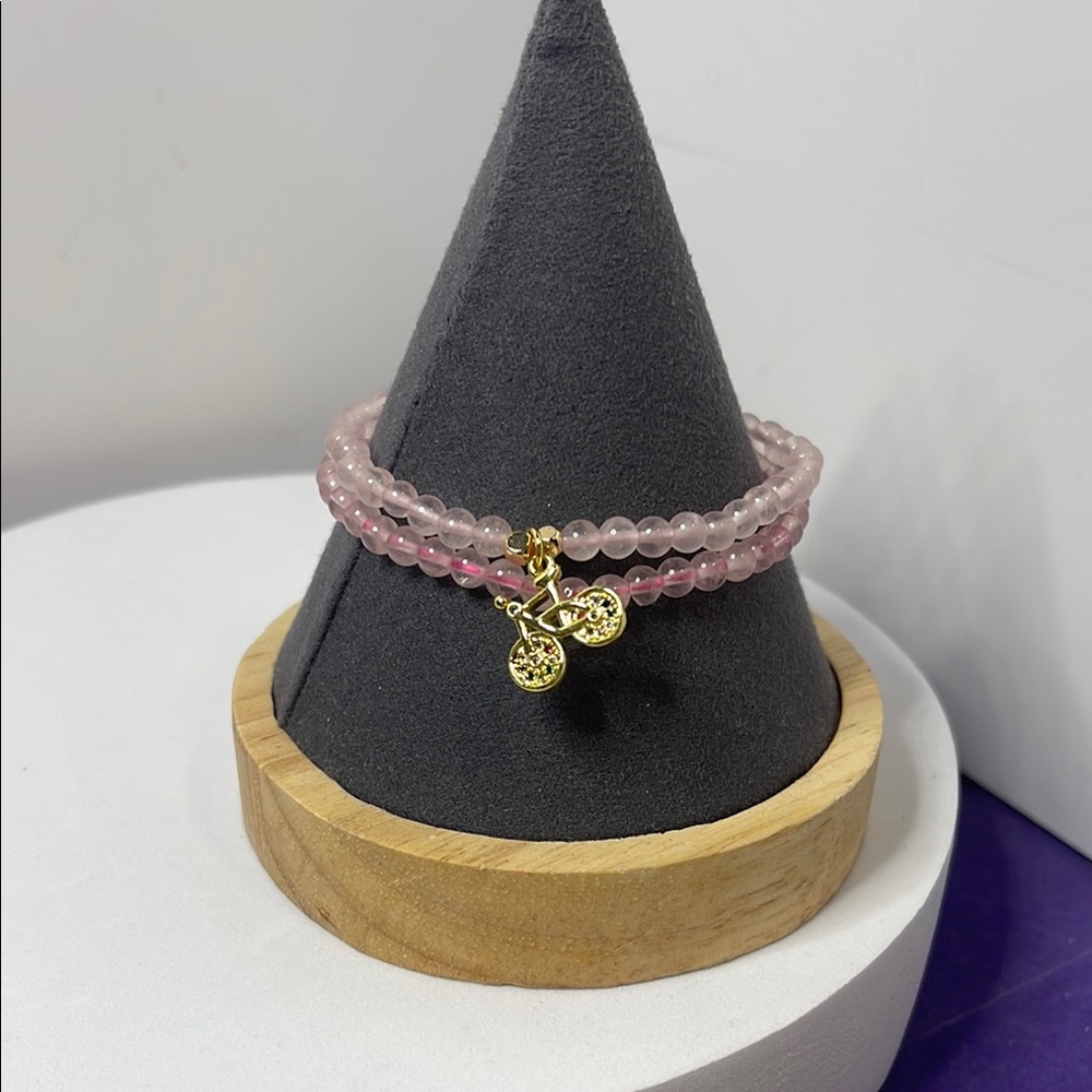 ElegantRose Quartz Gemstone Beaded Bracelet with Bicycle Gold Charm